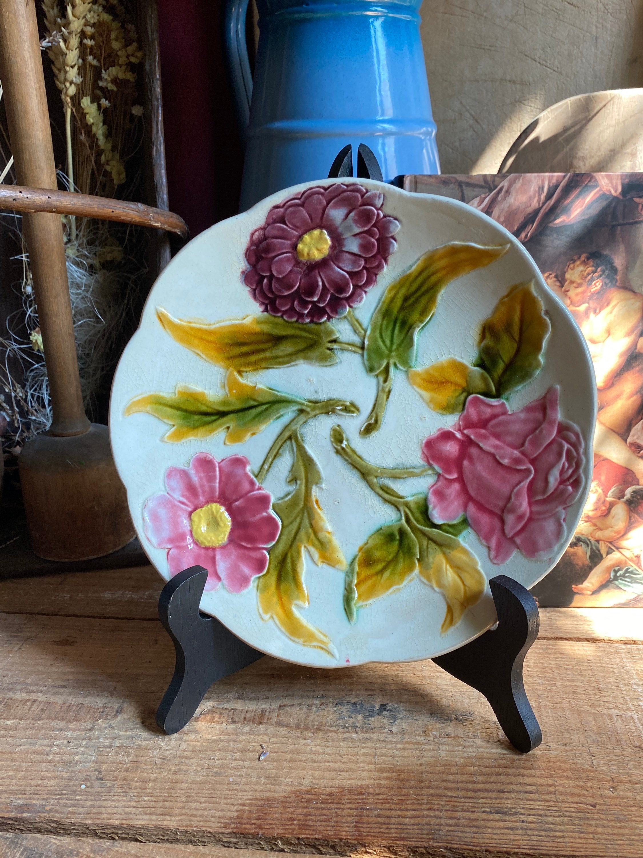 Vintage French majolica, plate France 1920s, Choisy le roi France