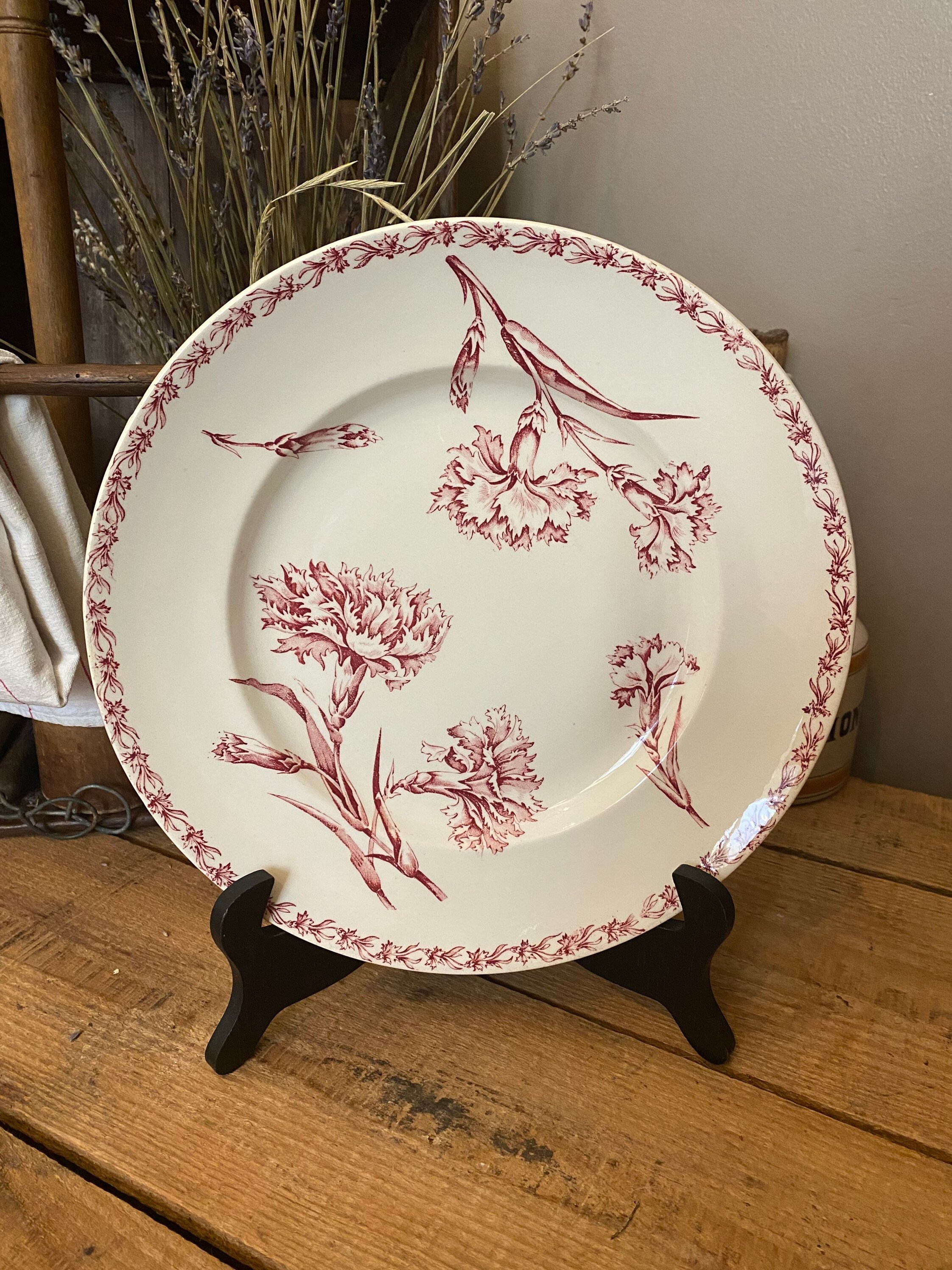 1900S ~ French Antique Round Dish 1900S, K&g Luneville France, Bouquets Of Flowers Color Pink, Patte