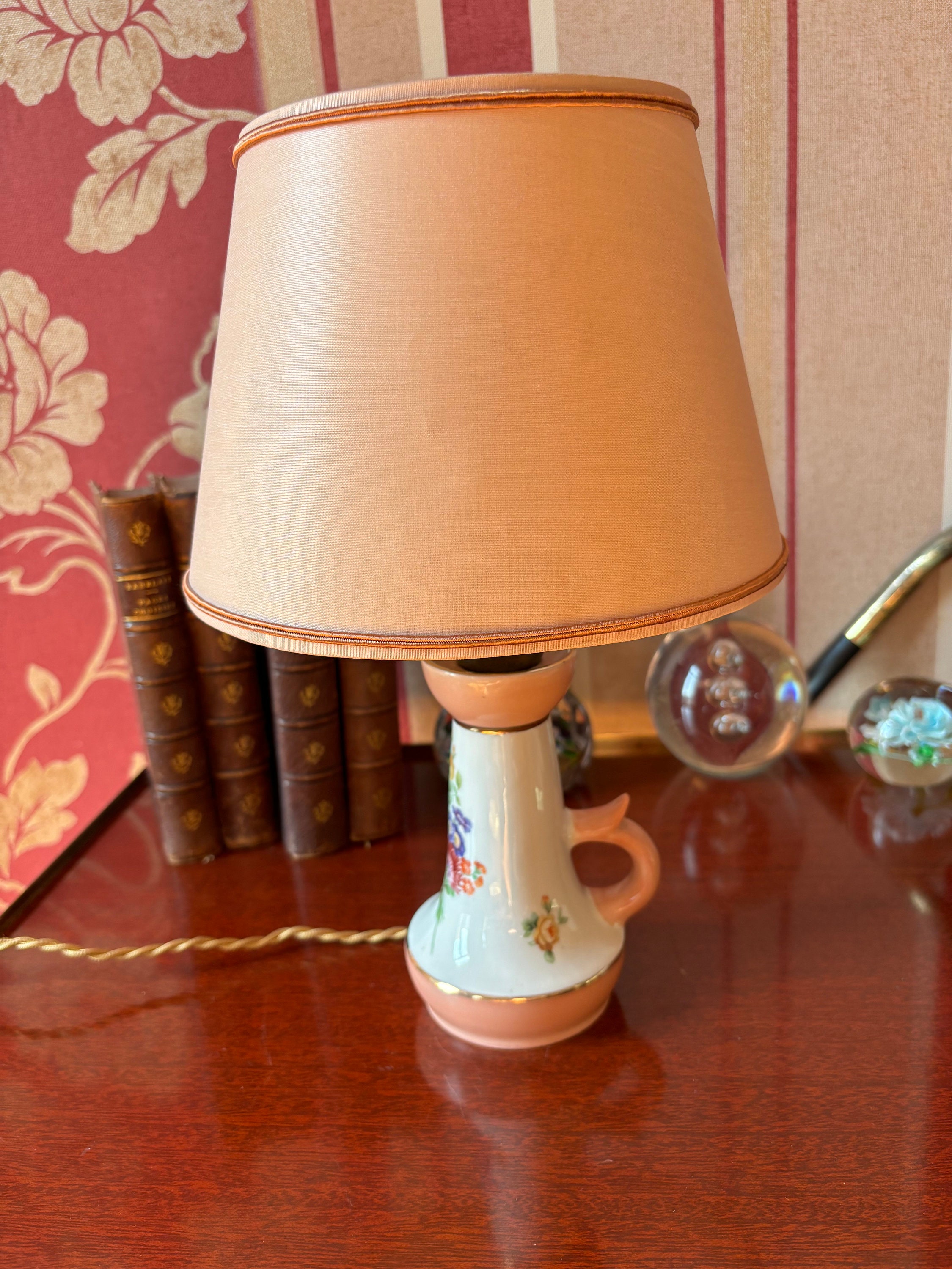 France Vintage Signed Porcelain Candlestick Lamp With Lampshade