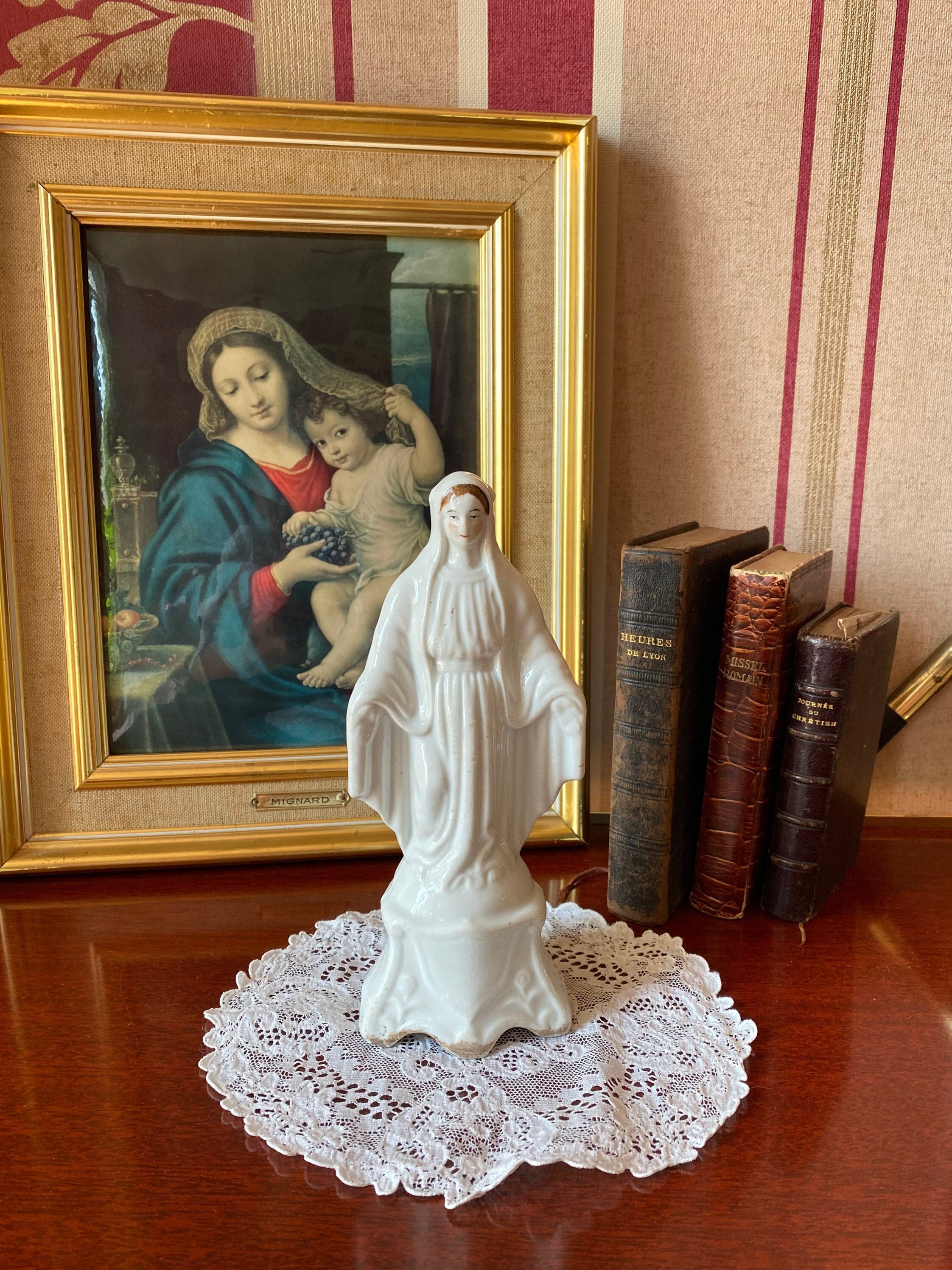 1867's, Vintage Français Religieux Statue Vierge Marie, Porcelaine de Paris, Figurine Madonne