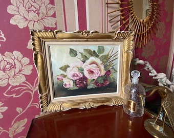 antique french oil on cardboard flower bouquet roses painting, wall art, home decor