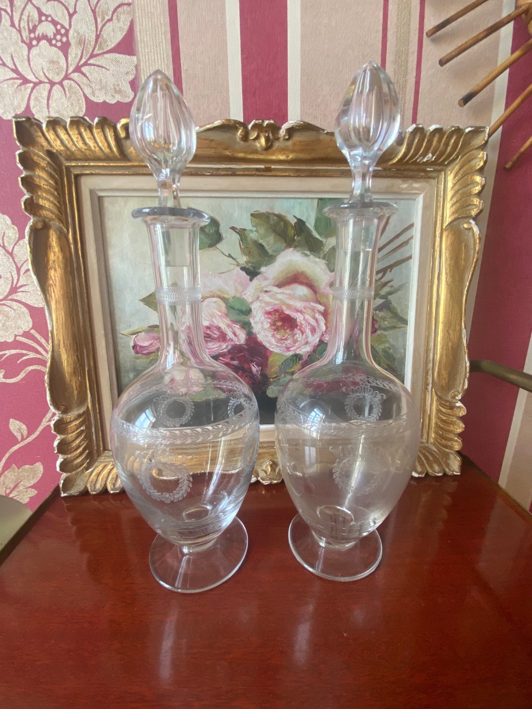 Wine Decanter Glass X2, Antique French Wine Decanter Crystal, Wine