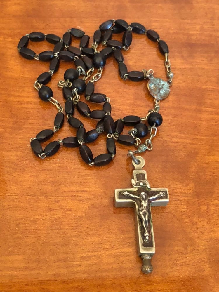 Français Chapelet Ancien avec Croix Reliquaire de Perles Noires Croix, Chapelet Personnalisé, Cathol