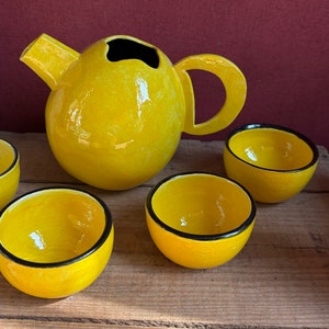 4 small handmade ceramic bowls and teapot, made in France