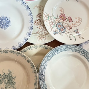 Various FLAT plates, mismatched antique French earthenware, transferware, Antique French plaques