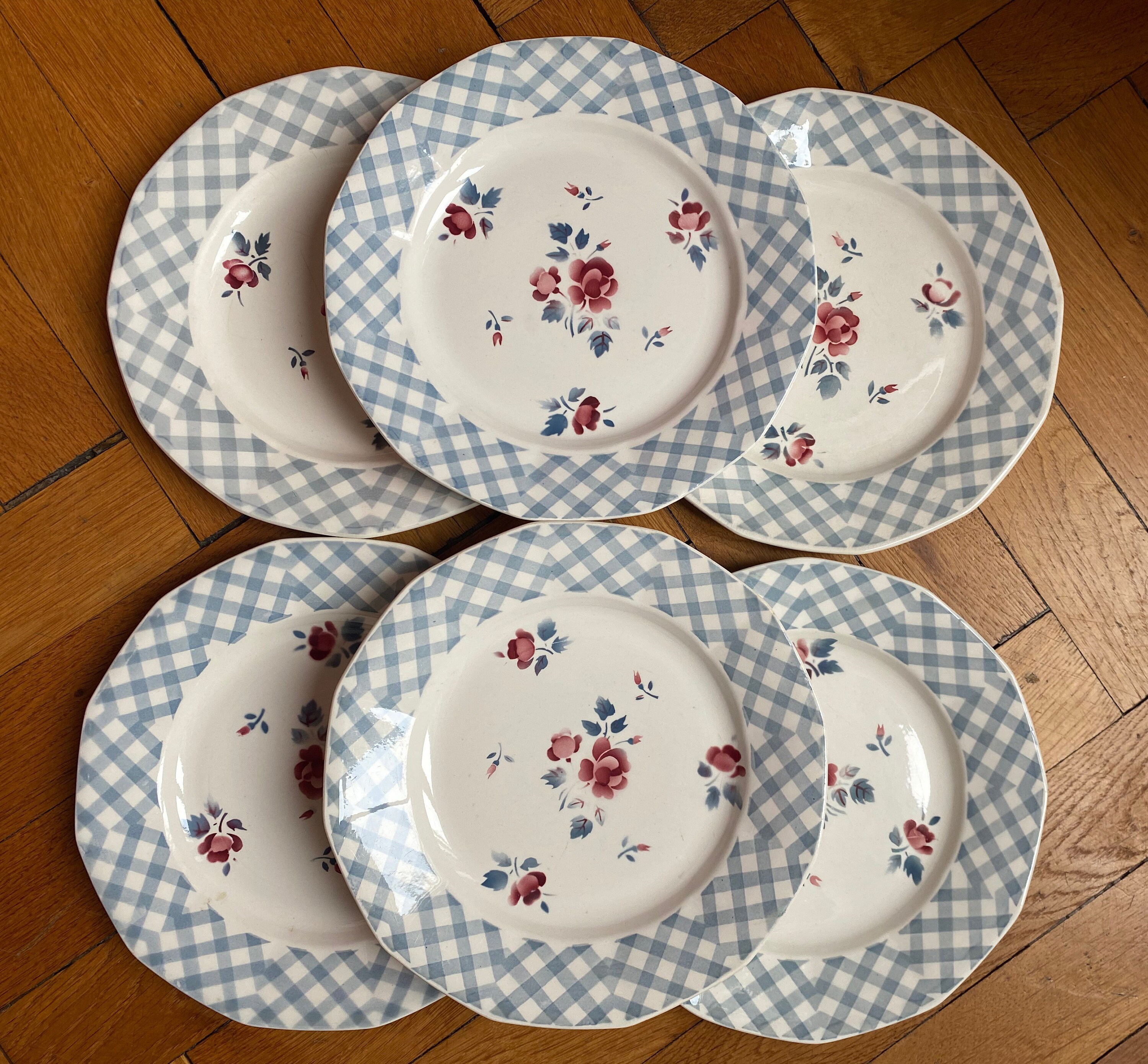 Digoin Sarreguemines France, 6 Assiettes Plates Vintage Made in Assiette Ancienne, Ferme de Campagne