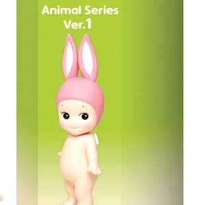 May include: A green box with a pink bunny-shaped Sonny Angel mini figure. The box says "Sonny Angel Animal Series Ver. 1" and "Blind Boxed mini figure".