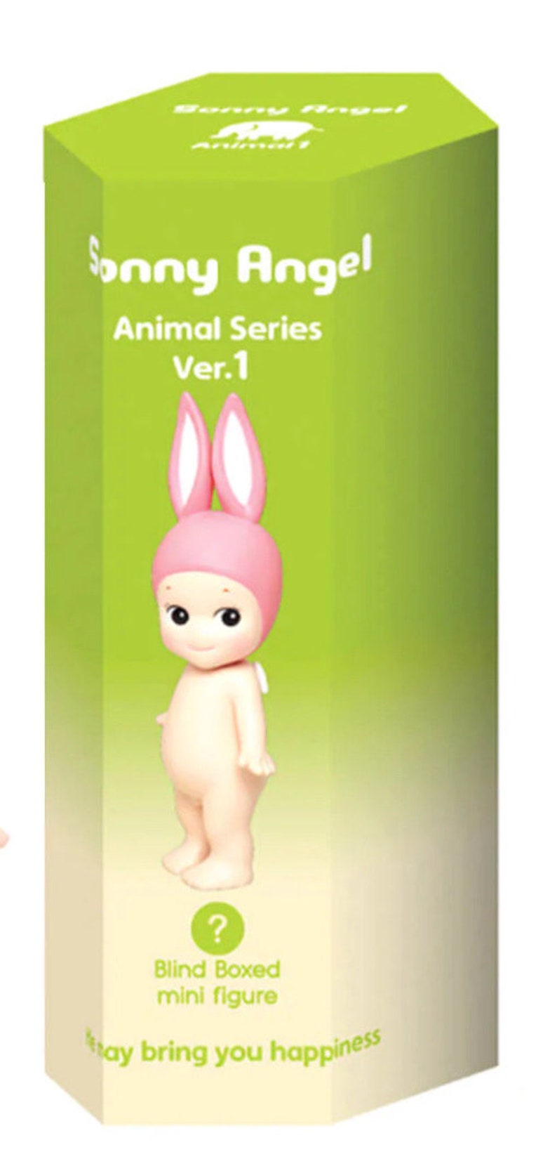 May include: A green box with a pink bunny-shaped Sonny Angel mini figure. The box says "Sonny Angel Animal Series Ver. 1" and "Blind Boxed mini figure".