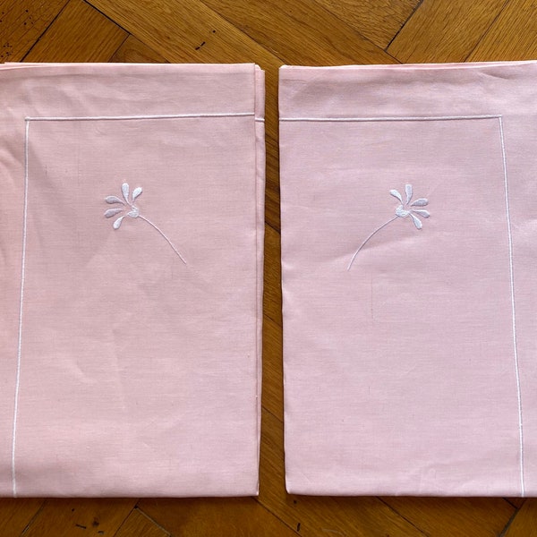 Antique French pink Pillowcase X 2 ,2 Large French pink Square Pure Cotton/Linen, Pillow  Floral Embroidery, Lot de 2