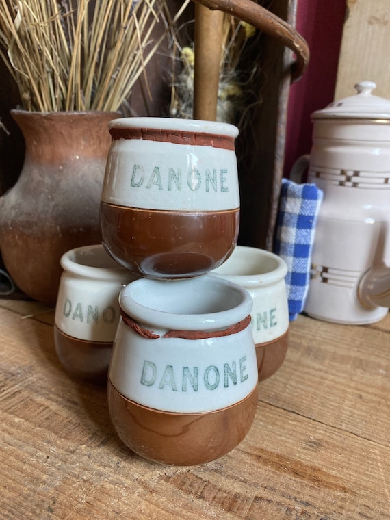 4 Antique and French Stoneware Danone Yogurt, Danone Stoneware Yogurt Jar  X4, Country Kitchen -  Denmark