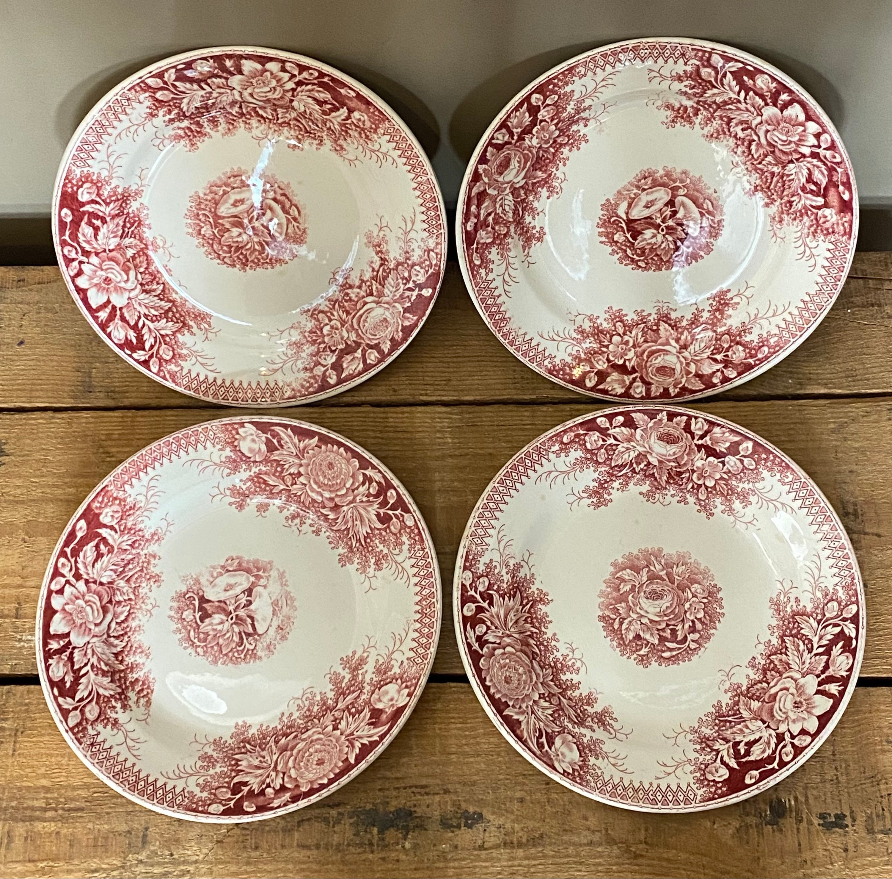 Antique French 4 Plates Pink Red Uc Sarreguemines, Shabby Chic, French Tableware