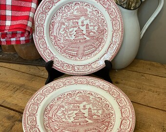 j mpb cl faience , 2 Antique plates for the dinner, Color Pink, eartenware, pattern Pekin