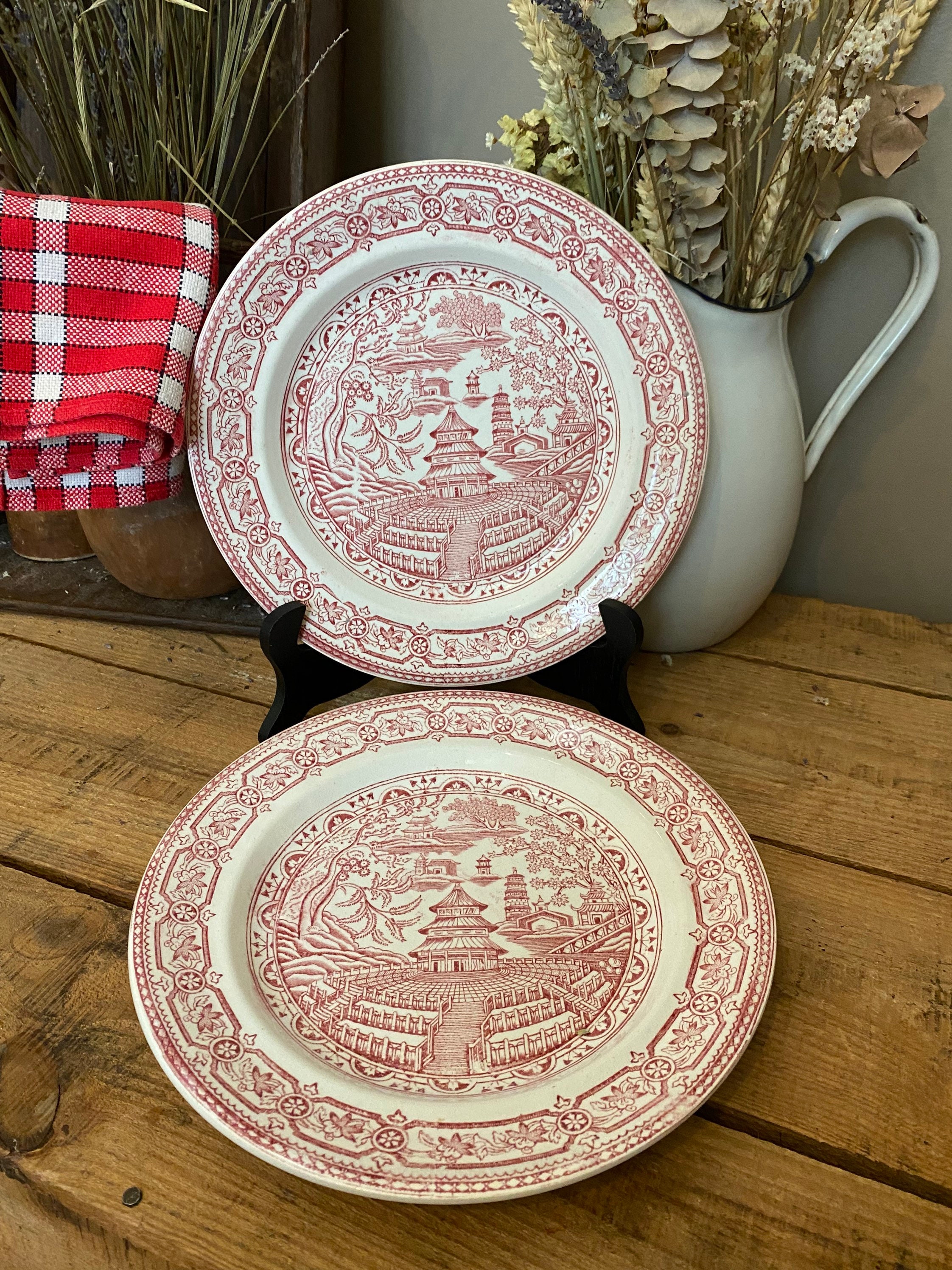 J Mpb Cl Faience , 2 Antique Plates For The Dinner, Color Pink, Eartenware, Pattern Pekin