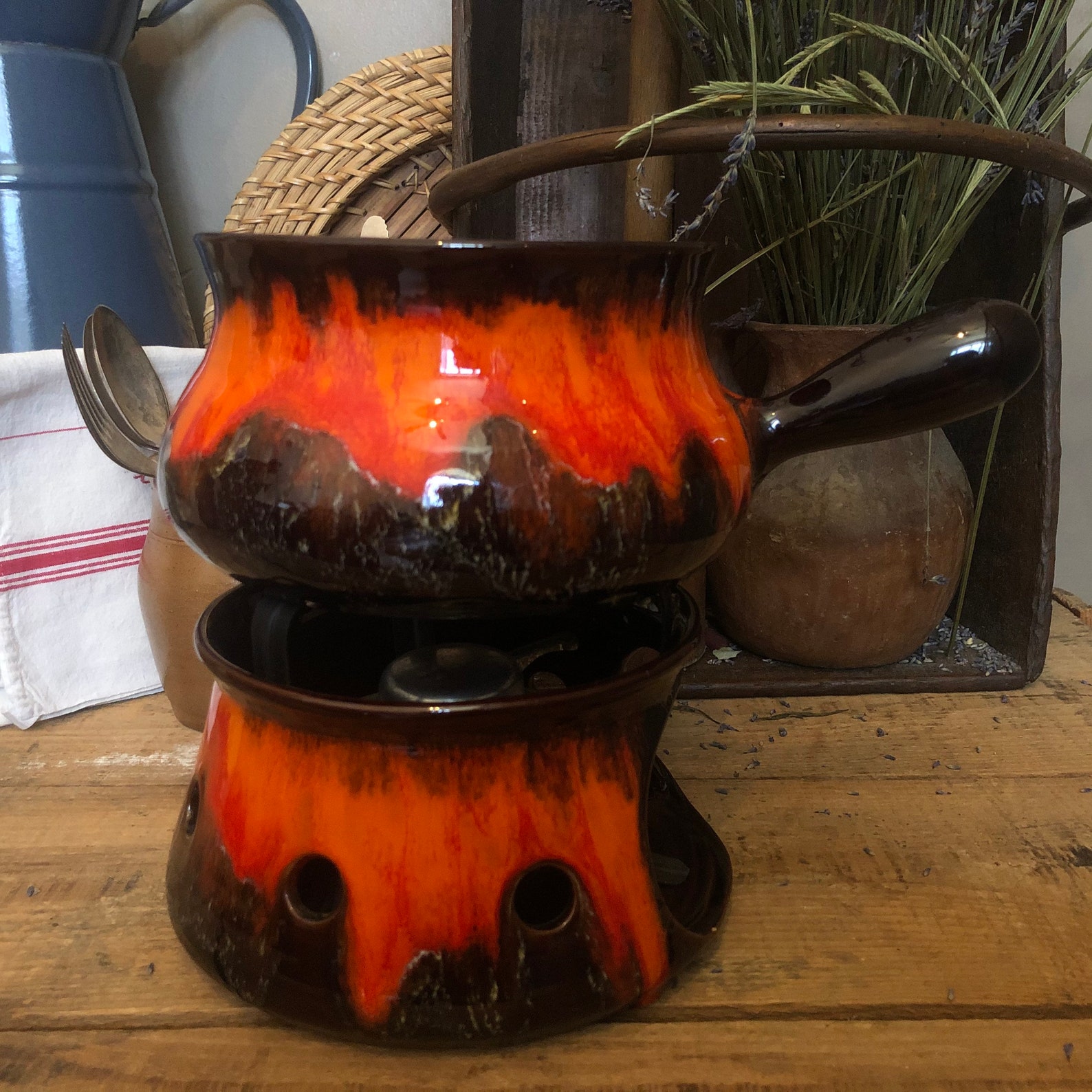 Service à Fondue Vallauris Vintage - Céramique Marron - Avec Caquelon Et Brûleur
