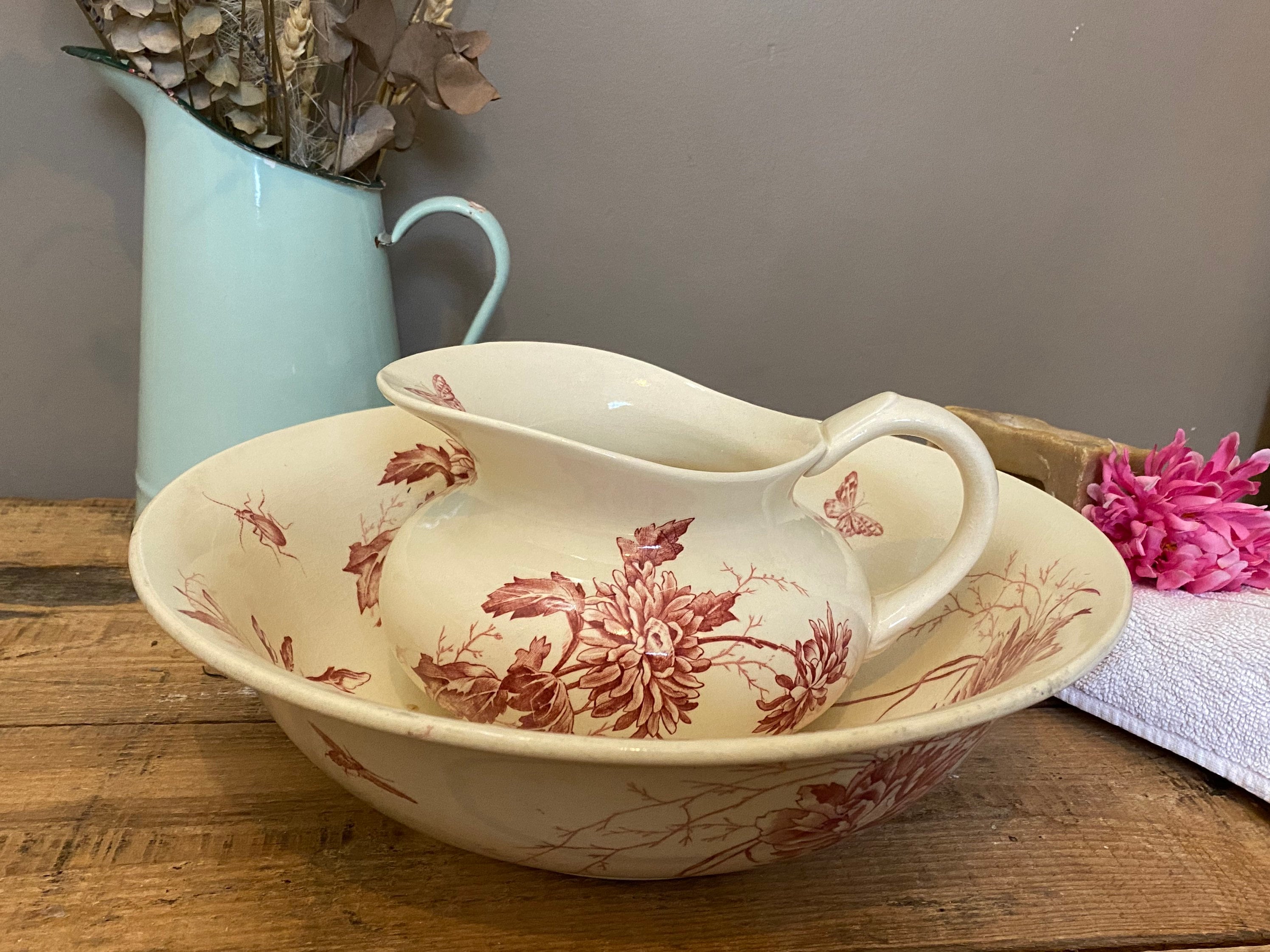 1875, Rare & Antique French Ironstone Toilet Set, Cruche Bolw Set, Pattern Fleurs Variées, Faïenceri