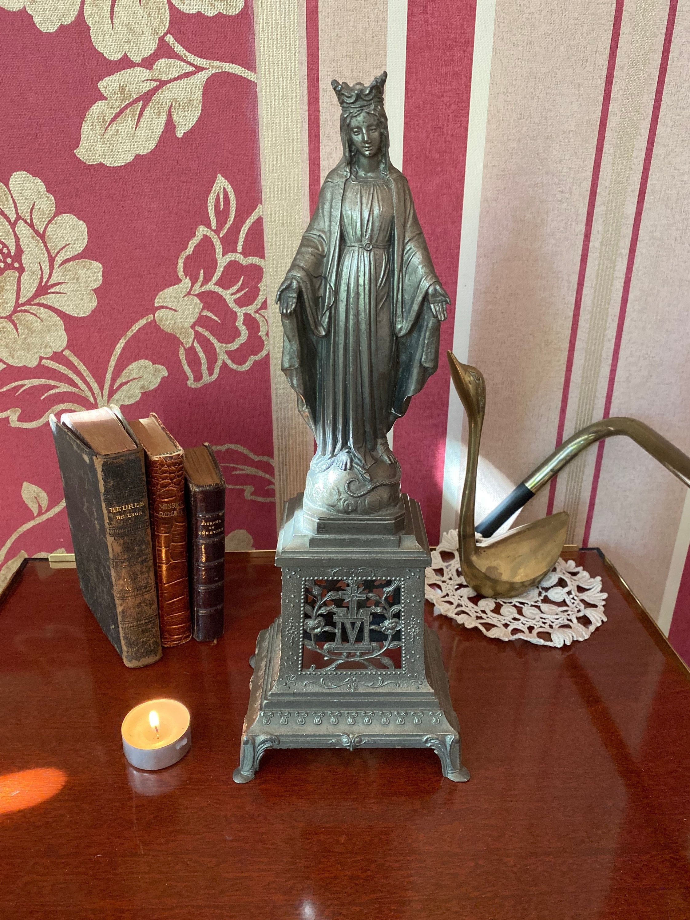 Millésime Antique Francais Statue Marie Couronnée en Régule, Antique Métal Regule, Vintage Madonna, 