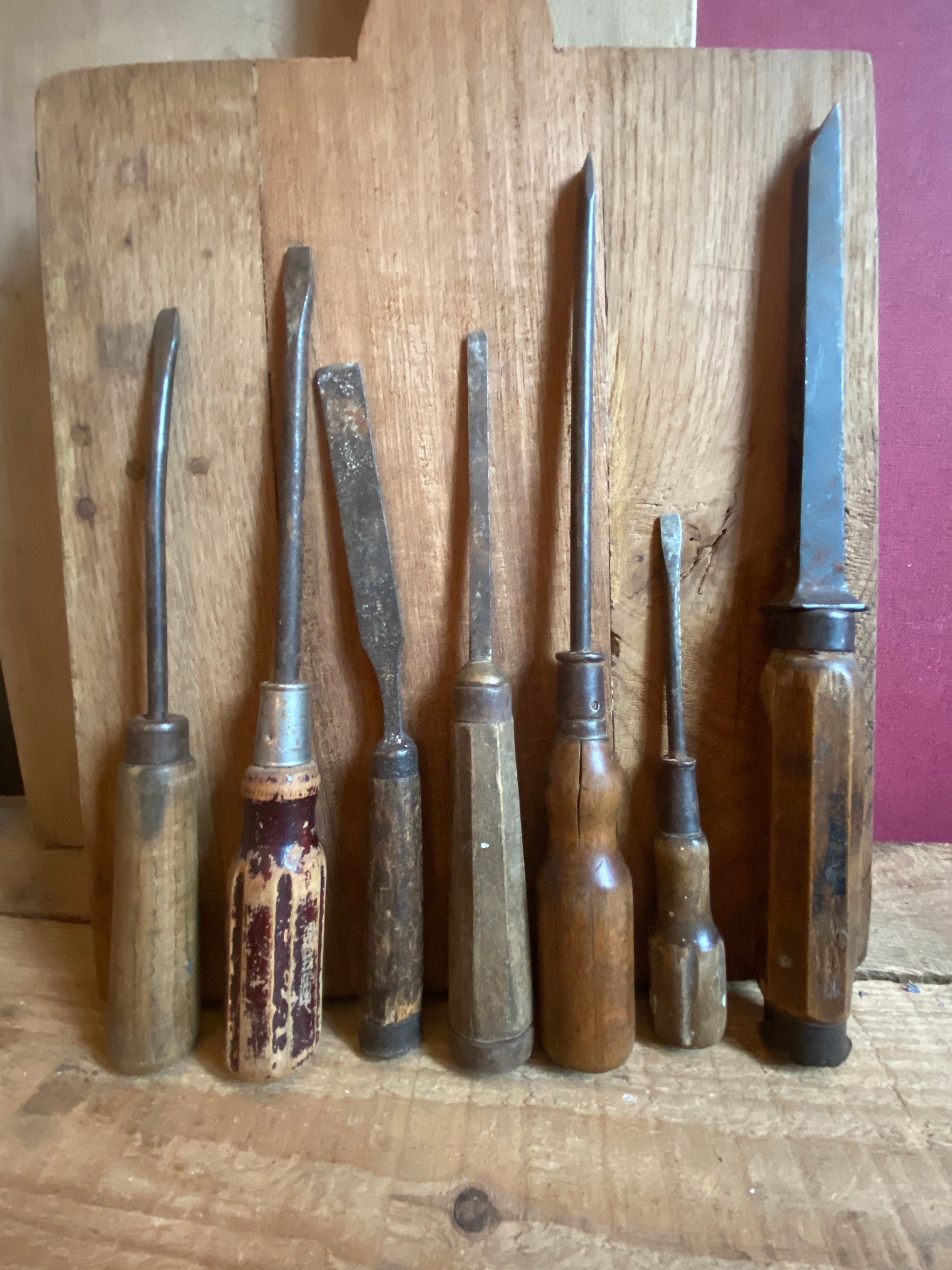 7 Antique Screwdrivers, Lot de 7, Antique Wood Working Tool, Turn Screw, Made in France,