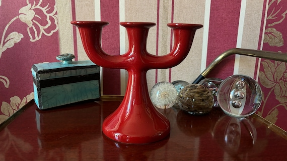 「昭和レトロ キャンドルスタンド 赤 ガラス製 1970年代 箱付き」3セット Vintage Red Ceramic Three-armed Candle Holder, 1970s Made in Italy