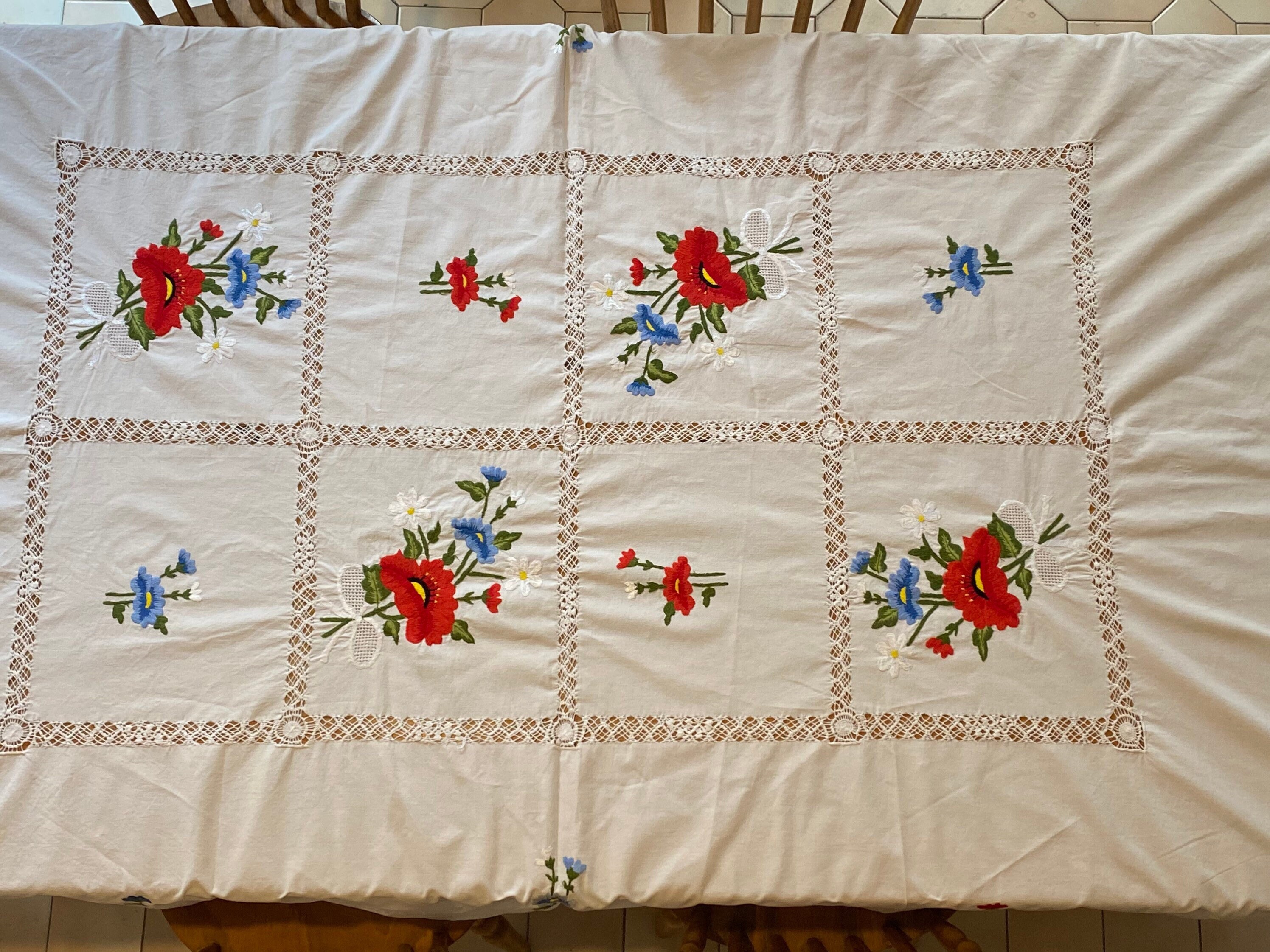 Grande Nappe Brodée à La Main | 8 Personnes , Ancienne Vintage, Rectangulaire, Vintage Tablecloth