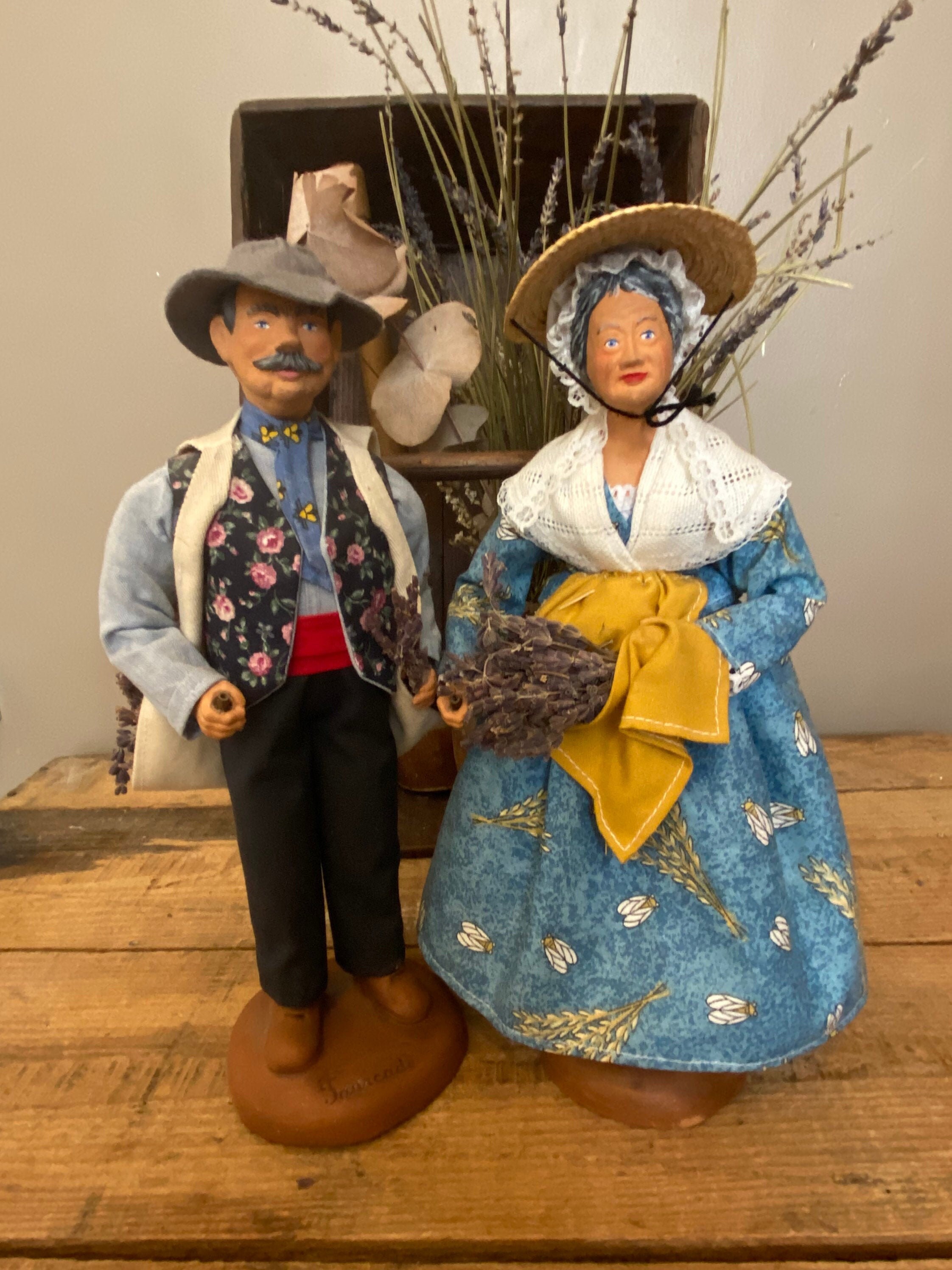 Vintage French 2 Santons de Provence Signed Fourcade Made in France, Provencal Dolls