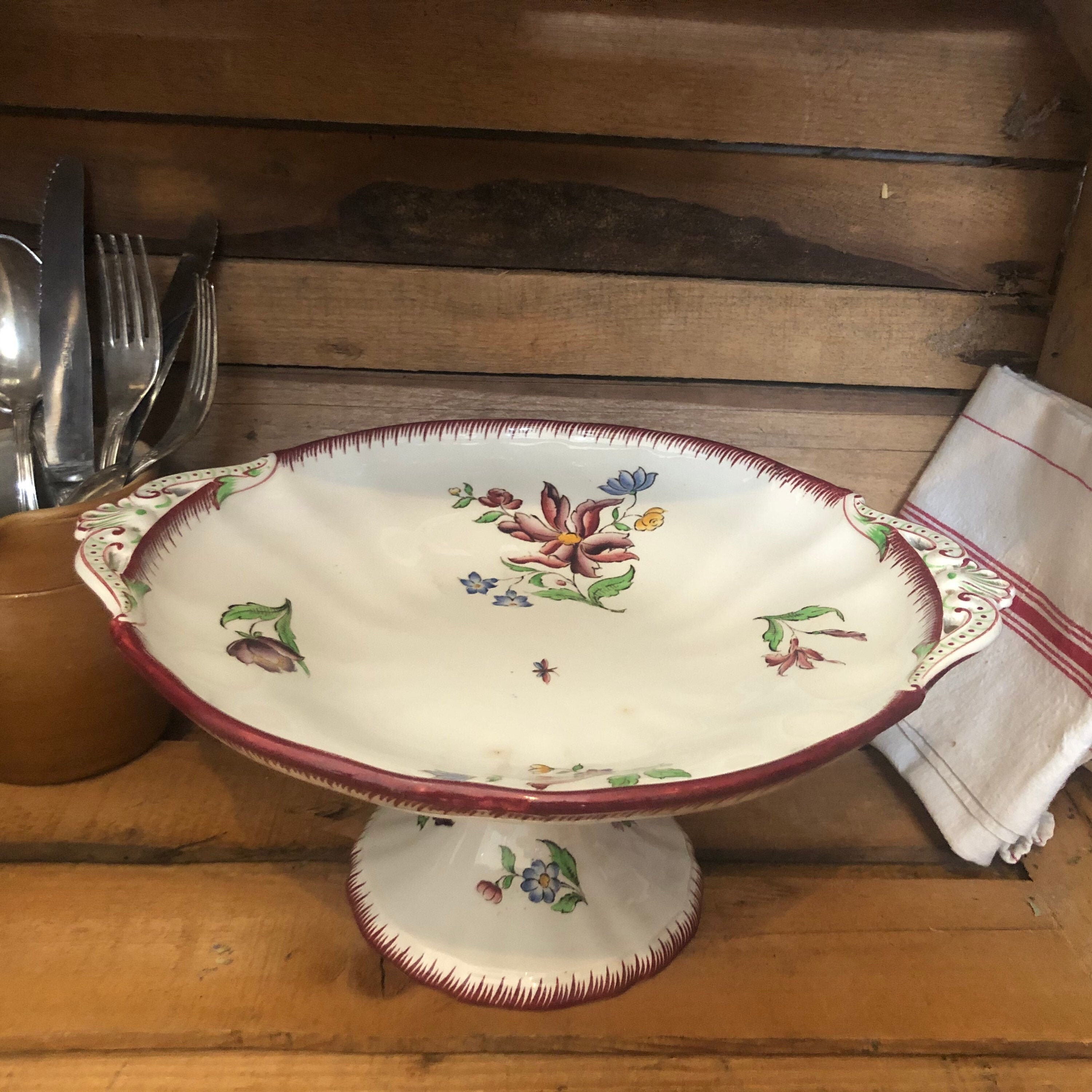 Sarreguemines U&c, Fruit Bolw Cake Stand, Compotier, Blue White 19Th Century, French Vintage Cake