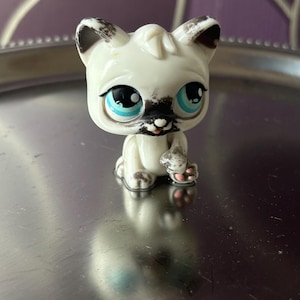 May include: A white and black cat figurine with blue eyes. The cat is sitting with its paws together and has a pink nose.