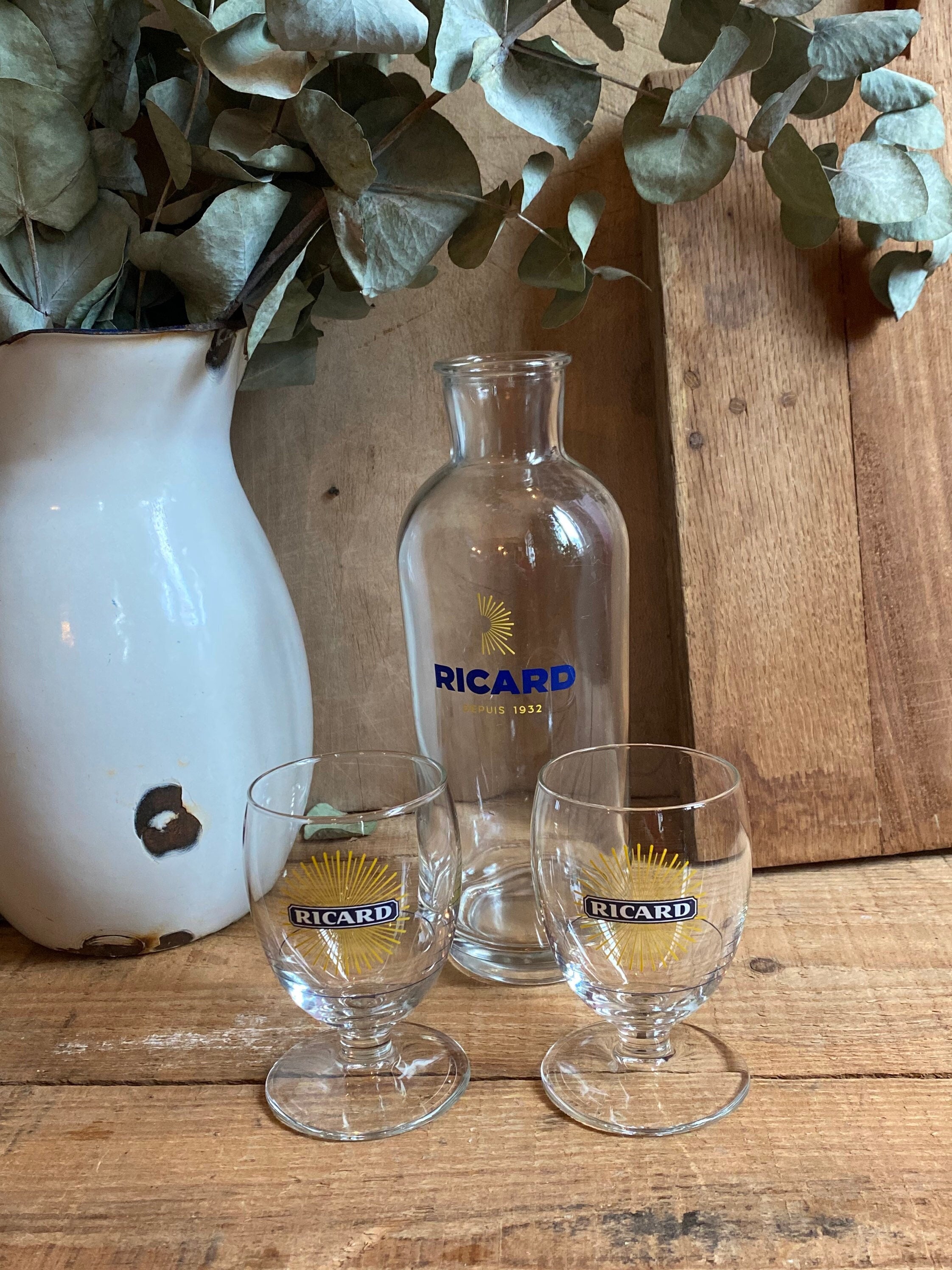 stunning French Vintage Glass Decanter Made By Ricard 1 Litre + 2 Wine Ricard