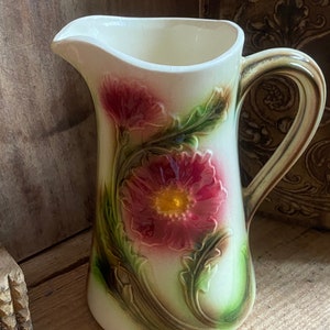 Mid Century Modern French Vintage Majolica, Antique French Barbotine Water Pitcher, Vintage Majolica Jug, Saint Cléme Barbotine