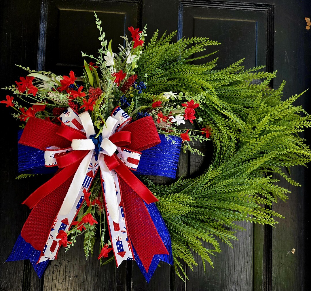 Handmade Patriotic Wreath for Front Door / Red White Blue 4th of July ...
