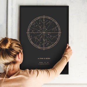 Peut inclure: Une affiche encadrée en noir représentant une carte du ciel circulaire en or rose avec des constellations. Sous la carte, le texte indique A STAR IS BORN, suivi de la date en chiffres romains MCMXC VII XXV et des coordonnées 51.4543°N, 0.9781°W.