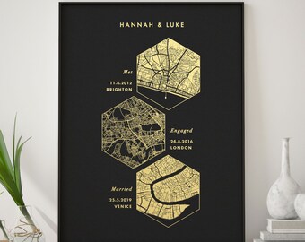 Personalisierter Kartendruck „Verlobt“ oder „Verheiratet“, Geschenkidee mit mehreren Standorten zum Hochzeitstag oder Geburtstag, Druck in Metallicfolie
