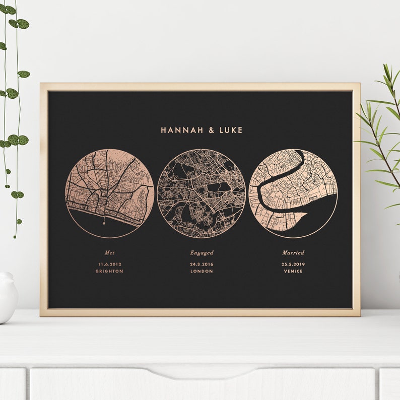 Met Engaged Married Metallic Foil Map Print, Custom Location Map for Wedding Anniversary, Birthday Gift for her and him. 