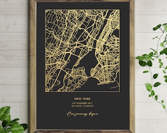 Individueller Kartendruck, Standort, Hochzeit, Jahrestag, Geburtstag, Einzug – personalisiertes Geschenk in Metallic-Folie