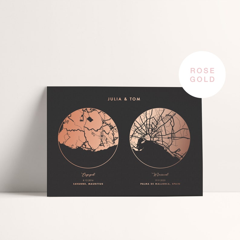 Met Engaged Married Metallic Foil Map Print, Custom Location Map for Wedding Anniversary, Birthday Gift for her and him.