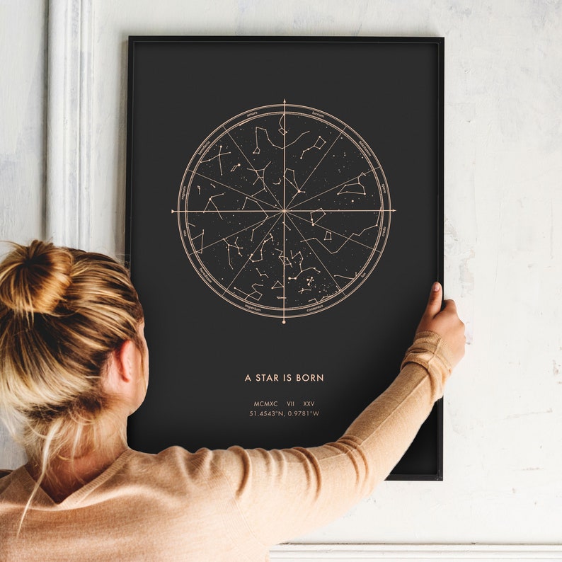 Custom Star Map by date foil print. Personalised night sky to a special occasion making beautiful a anniversary gif, birthday, him & her