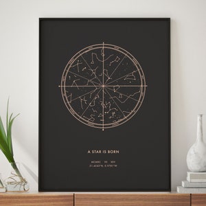 Custom Star Map by date foil print. Personalised night sky to a special occasion making beautiful a anniversary gif, birthday, him & her