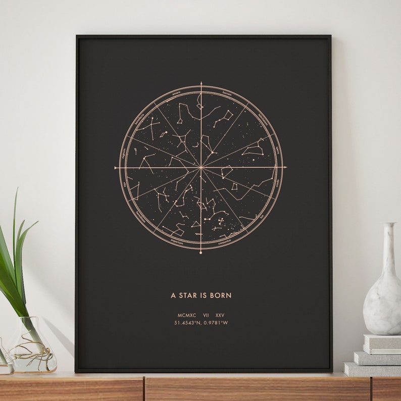 Custom Star Map by date foil print. Personalised night sky to a special occasion making beautiful a anniversary gif, birthday, him & her