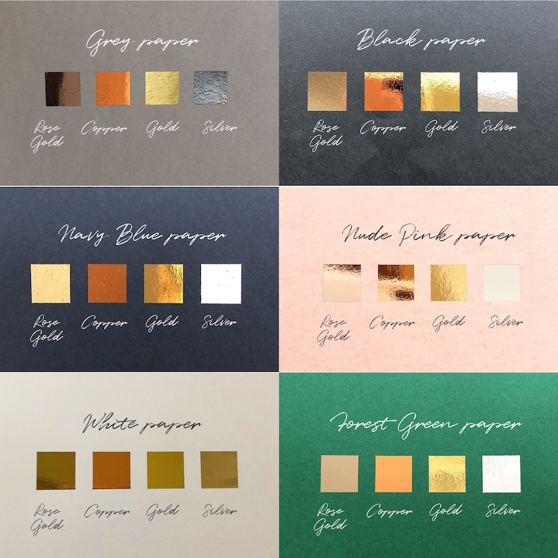 K&ouml;nnte beinhalten: Eine Farbkarte mit sechs Papiersorten: Grau, Schwarz, Marineblau, Nude-Rosa, Wei&szlig; und Waldgr&uuml;n. Jeder Abschnitt enth&auml;lt vier quadratische Metallic-Folien mit der Beschriftung Rose Gold, Copper, Gold und Silver, die verschiedene Folienoberfl&auml;chen zeigen.