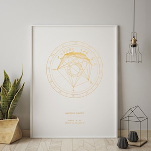 Metallic Astrology Birth Chart Print, Personalised Zodiac Natal Chart, Anniversary Gift, Star Sign Print, Wedding Birthday gift him her