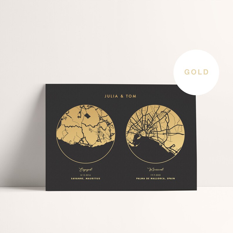 Met Engaged Married Metallic Foil Map Print, Custom Location Map for Wedding Anniversary, Birthday Gift for her and him.