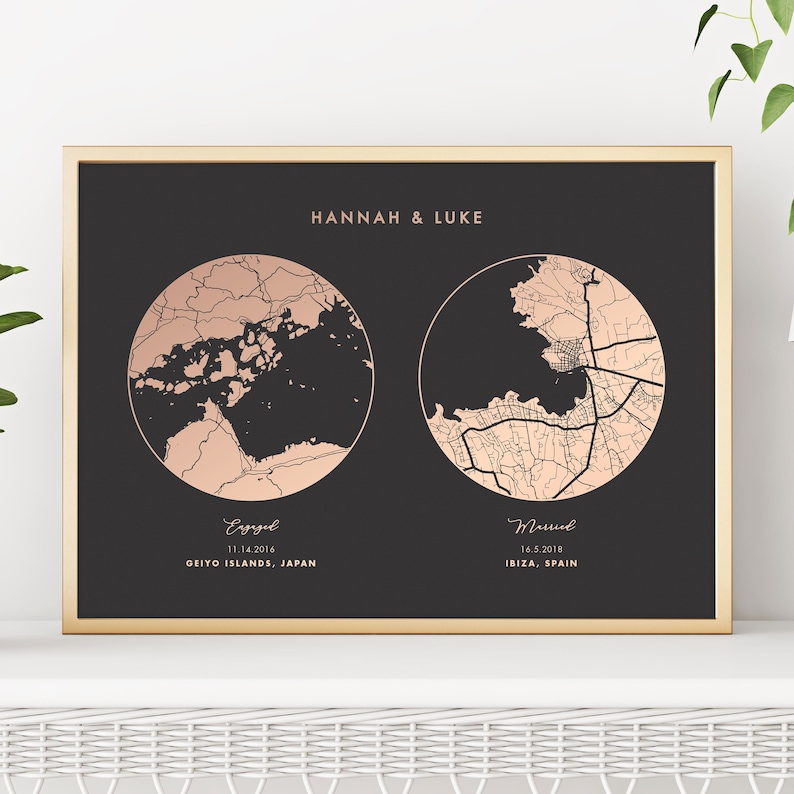 Met Engaged Married Metallic Foil Map Print, Custom Location Map for Wedding Anniversary, Birthday Gift for her and him.
