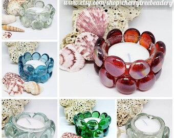 Candle Holder-Tea Lights-Beaded-Glass Beads-Red-Blue-Green