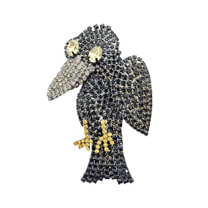 Rhinestone Crow Brooch - Retro Style Silly Bird Pin - Halloween Swag