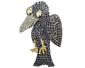 Rhinestone Crow Brooch - Retro Style Silly Bird Pin - Halloween Swag