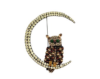 Broche de coruja com strass - Estilo retrô sentado na lua - Joias de Halloween