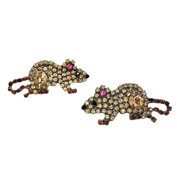 Rhinestone Rat Earrings - Crystal Rodent - Unique… - image 1
