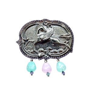 Vintage Pegasus Brooch - Amethyst & Aventurine Stones - Mythical Flying Horse Pin / OOAK