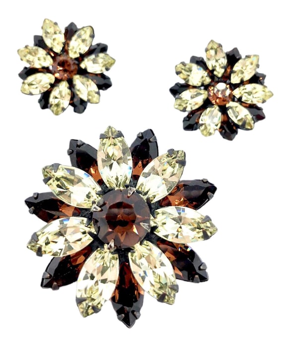 Brown Flower Brooch & Earring Set / Rhinestones - image 1