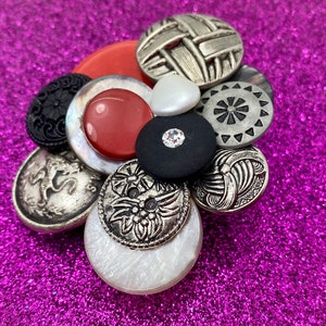 Vintage Button Brooch Red, Black Silver Buttons OOAK image 5