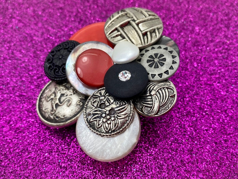 Vintage Button Brooch Red, Black Silver Buttons OOAK image 5